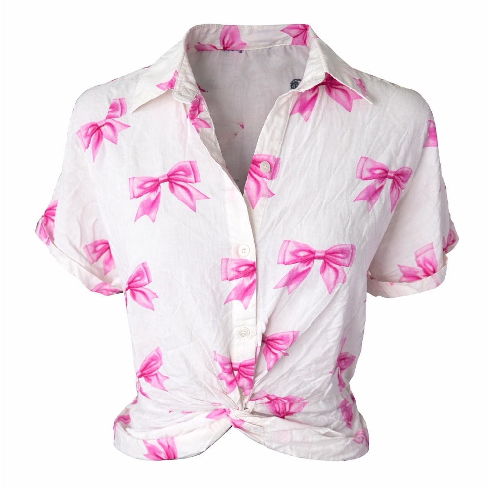 Milk & Honey‎ Pink Bow Print Tie Front Blouse Coquette Aesthetic Top- Medium